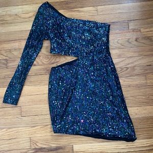 Blueish/black one sleeve mini dress with cut out